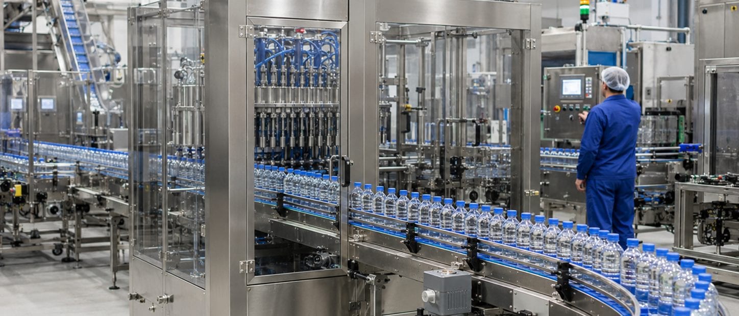 Stainless filling and capping machine on a bottling line with conveyors of capped PET bottles in a clean F&B production hall.